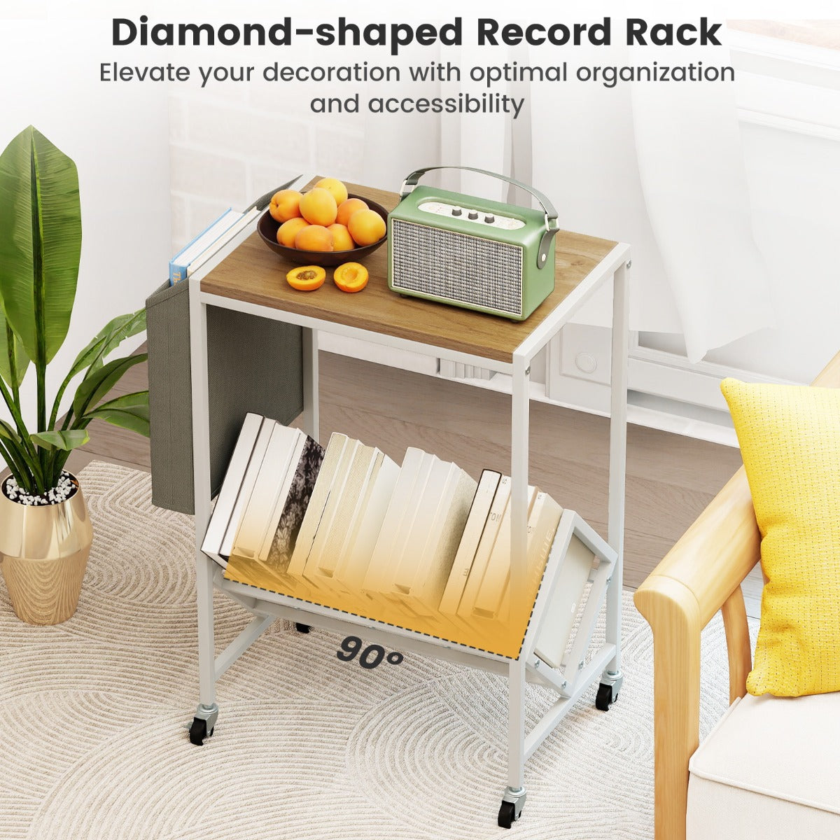 Livsk costway rolbare platenspelerstandaard vinylplatenkast met opbergruimte voor vinylplaten en tijdschriftenhouder naturel 6