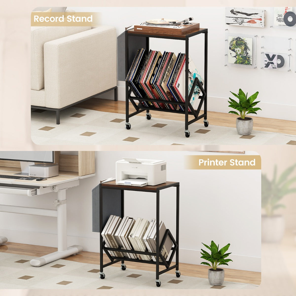 Livsk costway rolbare platenspelerstandaard vinylplatenkast met opbergruimte voor vinylplaten en tijdschriftenhouder zwart 2