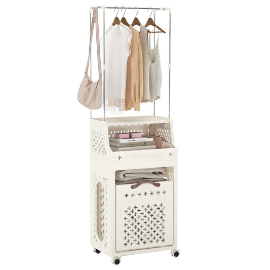 Livsk costway rolbare wasmand met kleerhanger meerlaagse opvouwbare kunststof wasmand met ophanging beige