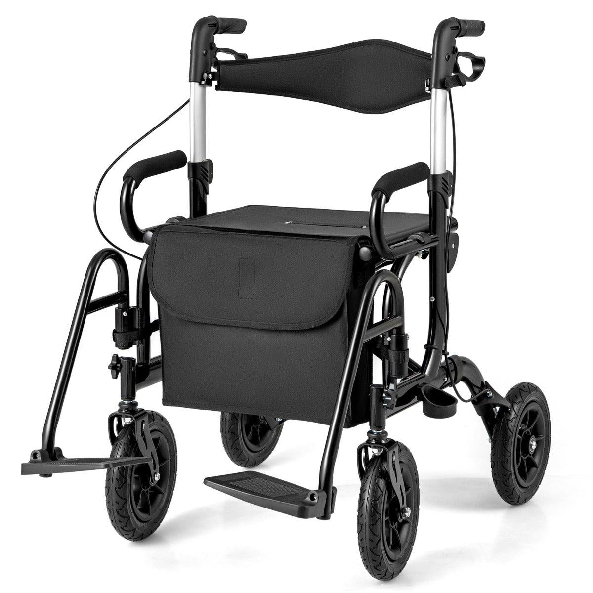 LIVSK 2-in-1 Rollator en Rolstoel - Verstelbaar van 89 tot 101,5 cm - Pneumatische Banden - Veiligheidsremsysteem - Zwart