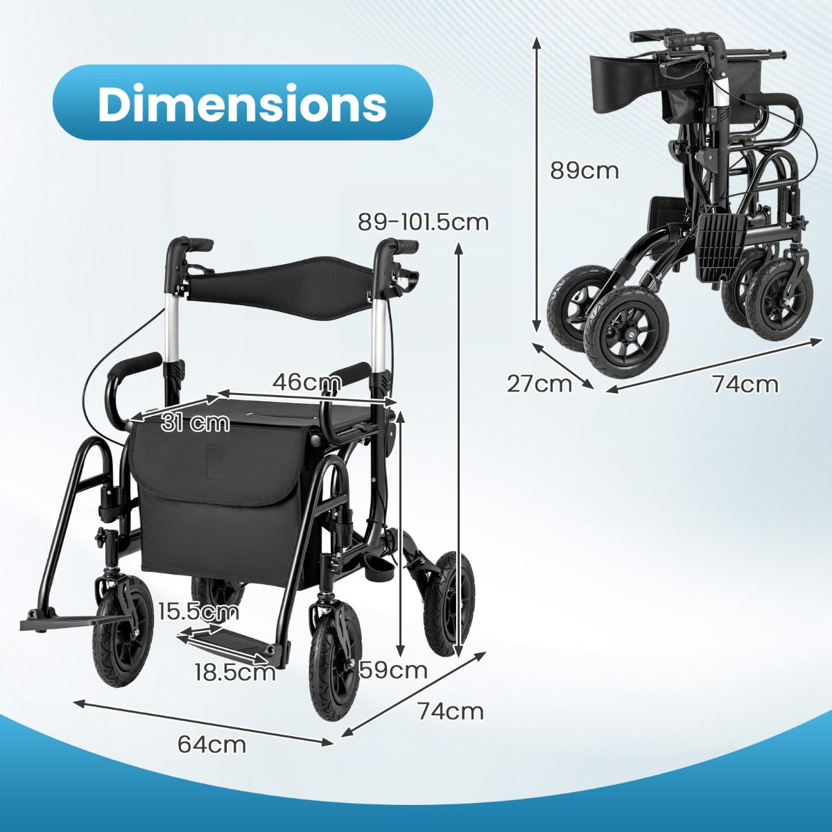 LIVSK 2-in-1 Rollator en Rolstoel - Verstelbaar van 89 tot 101,5 cm - Pneumatische Banden - Veiligheidsremsysteem - Zwart