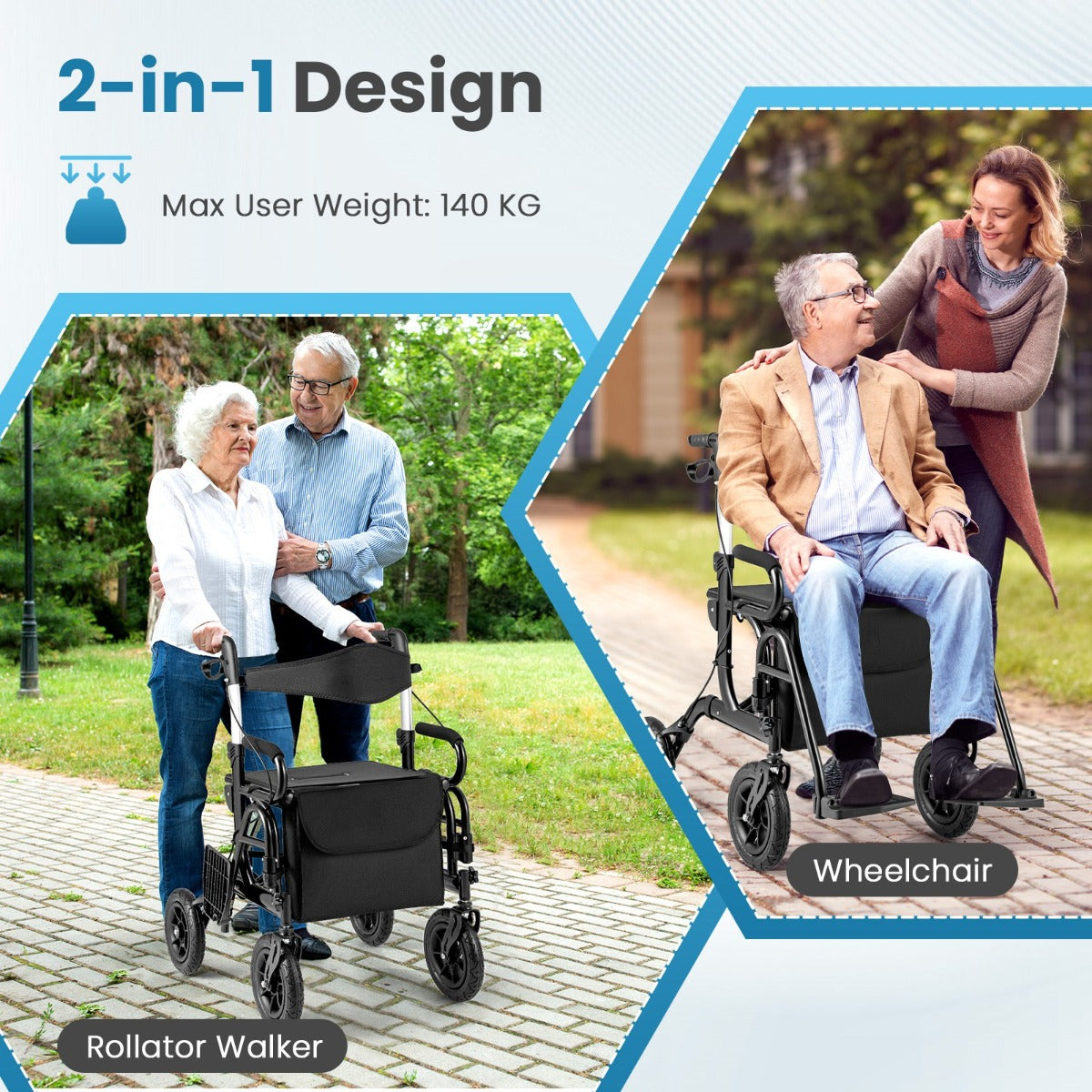 LIVSK 2-in-1 Rollator en Rolstoel - Verstelbaar van 89 tot 101,5 cm - Pneumatische Banden - Veiligheidsremsysteem - Zwart