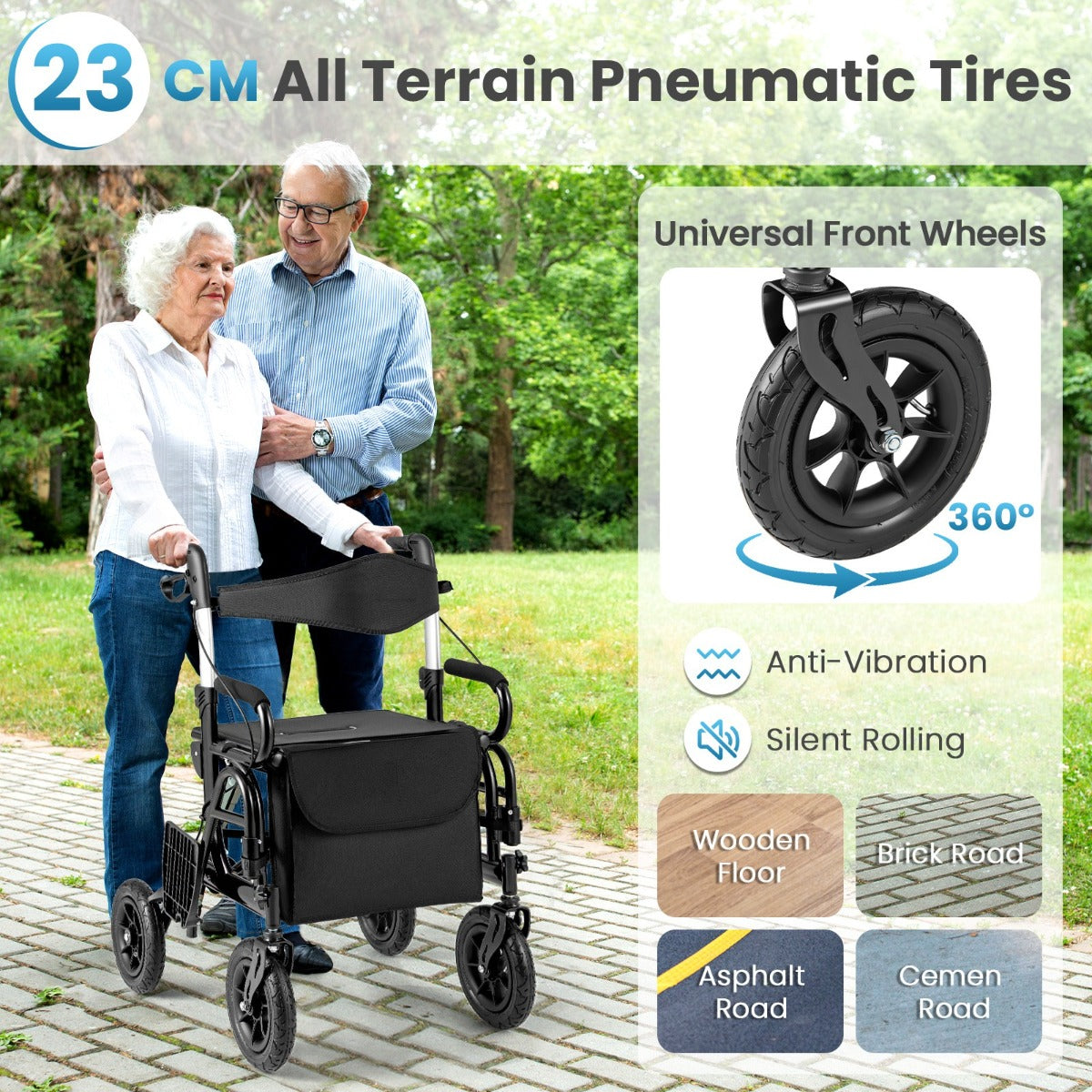 LIVSK 2-in-1 Rollator en Rolstoel - Verstelbaar van 89 tot 101,5 cm - Pneumatische Banden - Veiligheidsremsysteem - Zwart