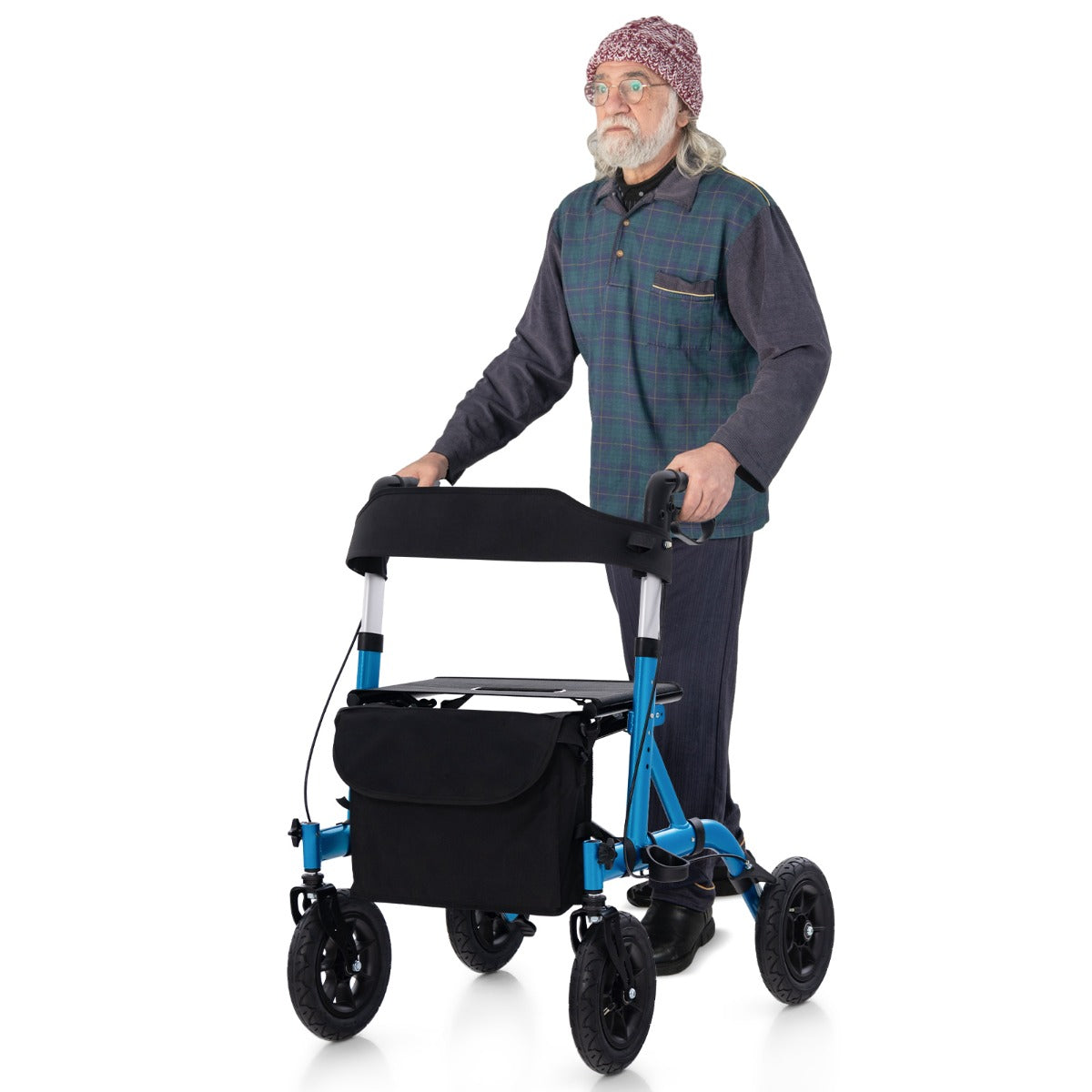 LIVSK Opvouwbare Rollator - All-terrain Wielen - Schokdemping - Gevoerde Zitting - Aluminium - Tot 136 kg - Blauw/Zwart