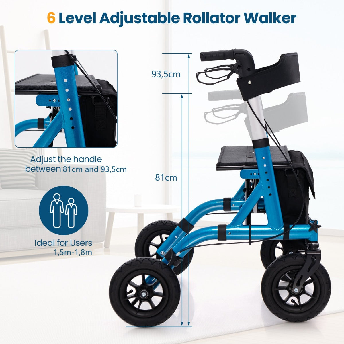 LIVSK Opvouwbare Rollator - All-terrain Wielen - Schokdemping - Gevoerde Zitting - Aluminium - Tot 136 kg - Blauw/Zwart