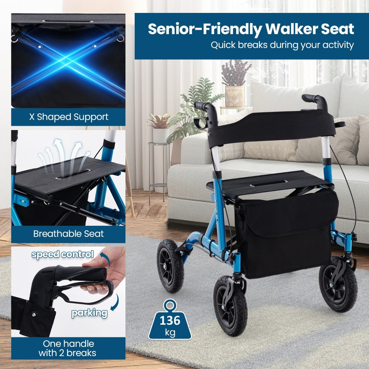 LIVSK Opvouwbare Rollator - All-terrain Wielen - Schokdemping - Gevoerde Zitting - Aluminium - Tot 136 kg - Blauw/Zwart