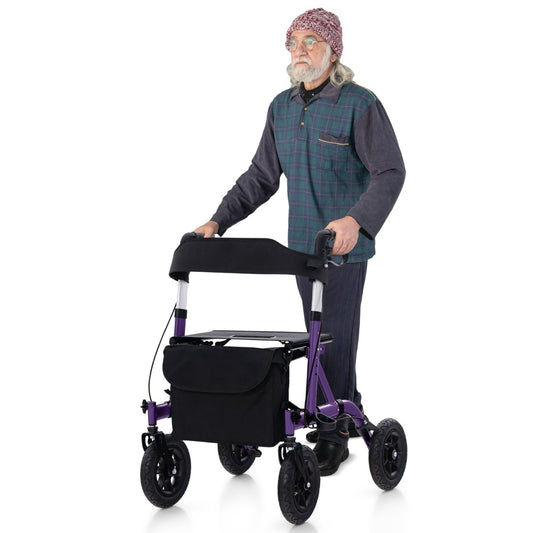 LIVSK Opvouwbare Rollator - 24 cm All-Terrain Wielen - Verstelbare Hoogte - Gevoerde Zitting - Aluminium - Paars