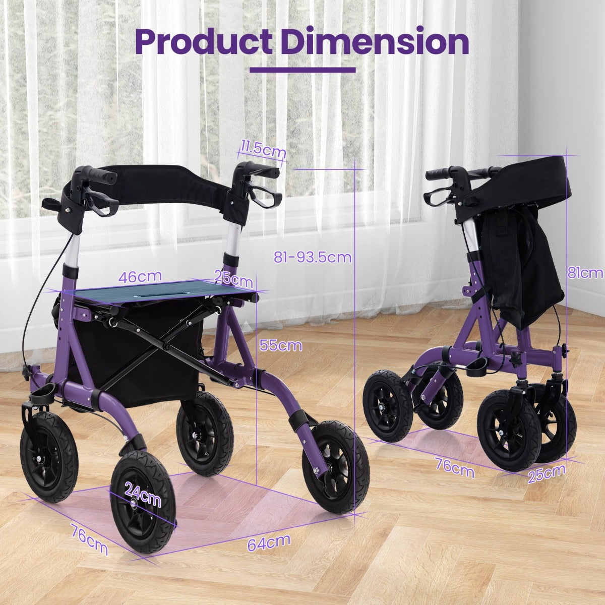 LIVSK Opvouwbare Rollator - 24 cm All-Terrain Wielen - Verstelbare Hoogte - Gevoerde Zitting - Aluminium - Paars