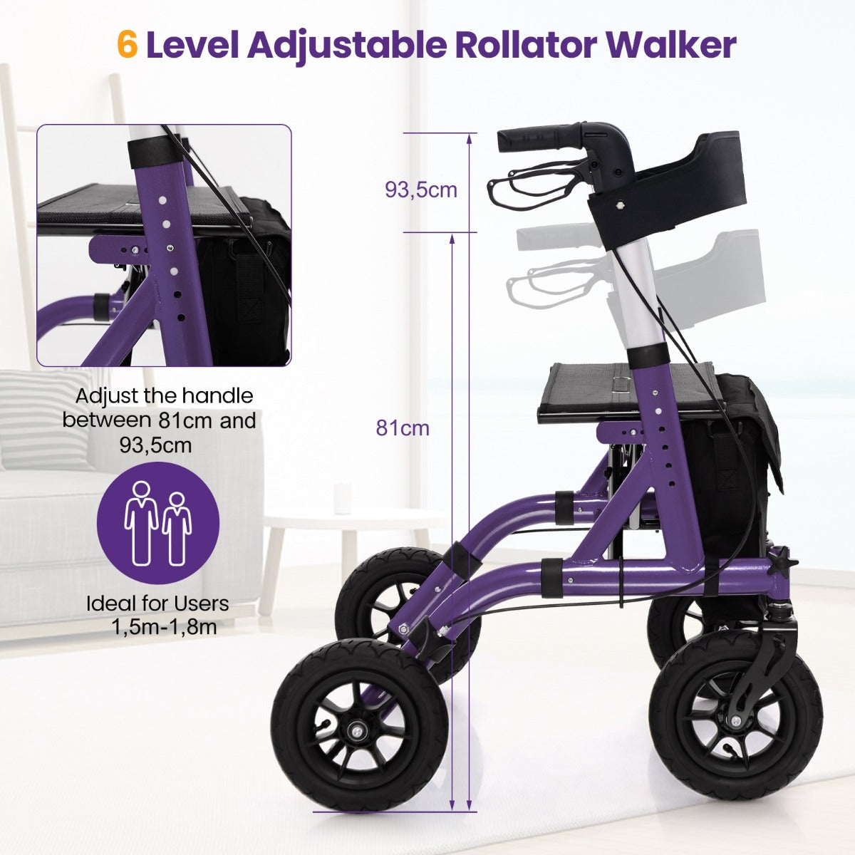 LIVSK Opvouwbare Rollator - 24 cm All-Terrain Wielen - Verstelbare Hoogte - Gevoerde Zitting - Aluminium - Paars