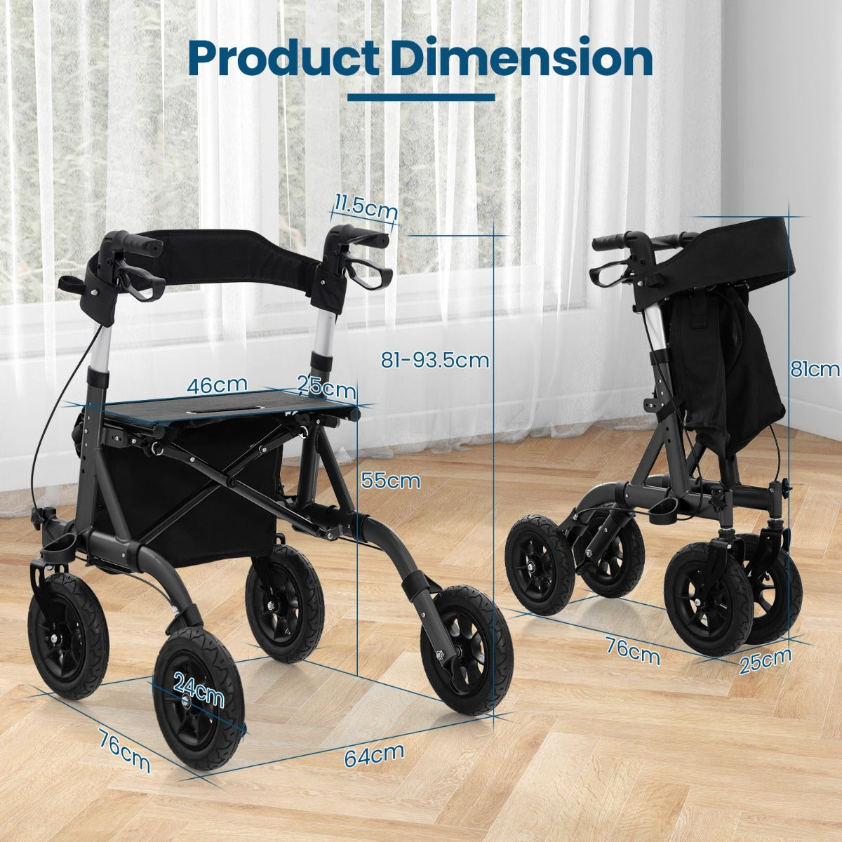 LIVSK Lichtgewicht Rollator - 24 cm All-Terrain Wielen - Opvouwbaar en Compact - Gevoerde Zitting - Tot 136 kg - Blauw/Zwart