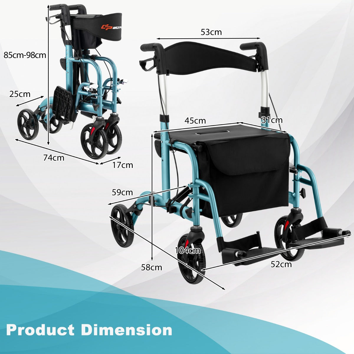 LIVSK Opvouwbare Rollator - 2-in-1 Rolstoel & Loophulpmiddel - 6 Hoogte-instellingen - Aluminium Frame - Tot 136 kg - Blauw