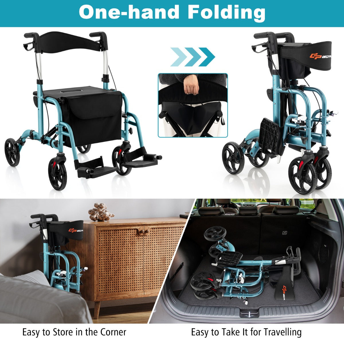 LIVSK Opvouwbare Rollator - 2-in-1 Rolstoel & Loophulpmiddel - 6 Hoogte-instellingen - Aluminium Frame - Tot 136 kg - Blauw