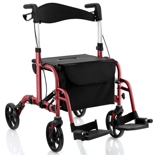 LIVSK Opvouwbare Rollator en Rolstoel - 6-Voudig in Hoogte Verstelbaar - Handrem - Opbergtas - Draagvermogen 136 kg - Rood