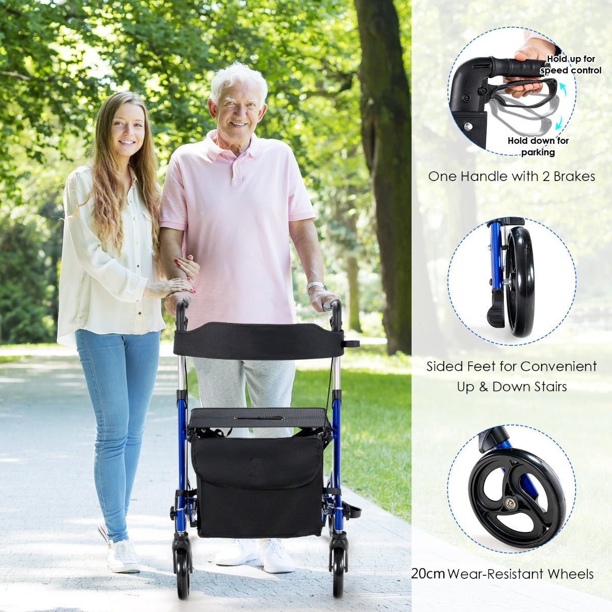 LIVSK 2-in-1 Rollator met Zitting - Verstelbare Antislip Handgrepen - Dubbel Remsysteem - Opvouwbaar - Draagvermogen tot 150 kg -