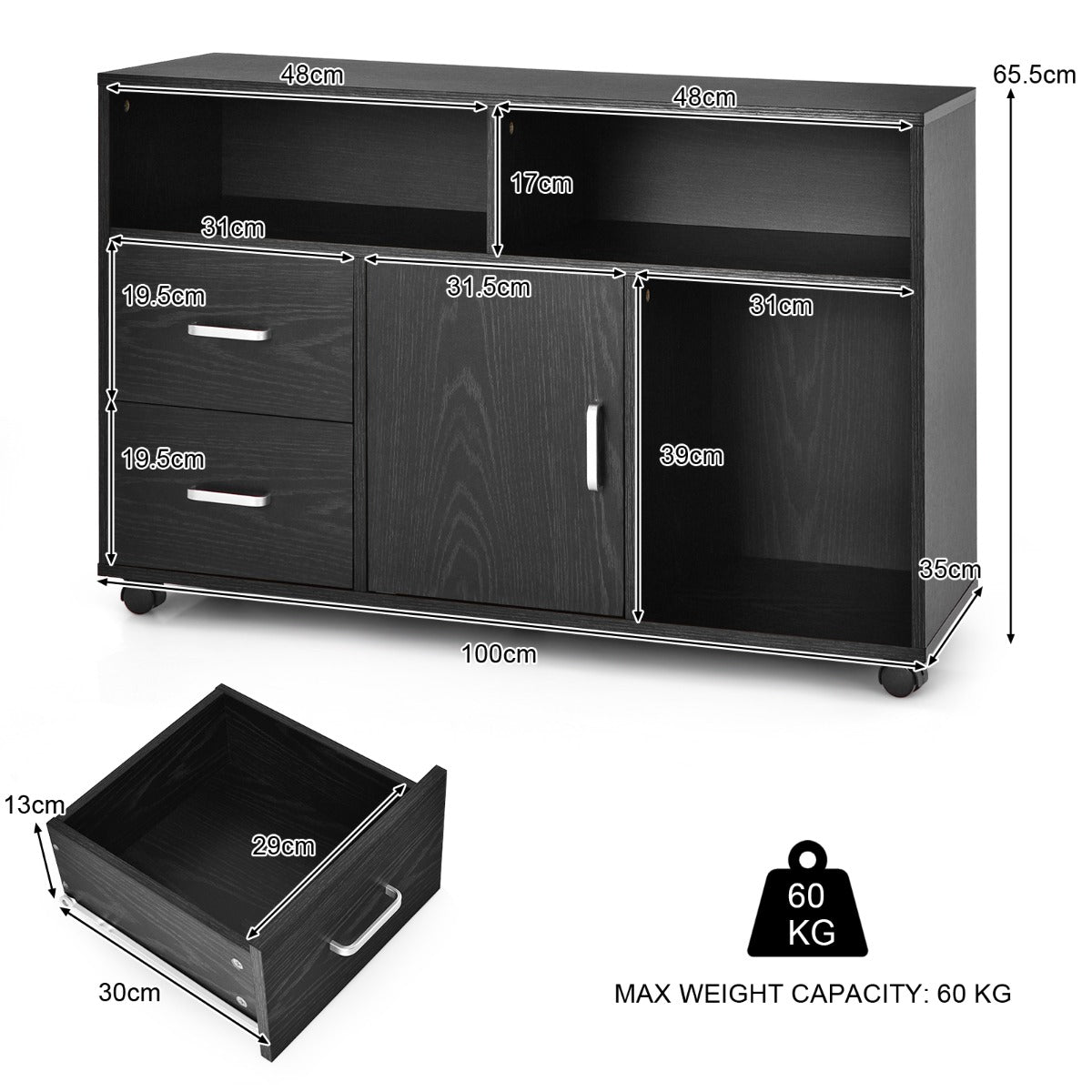 LIVSK Archiefkast met 2 Lades - 3 Open Planken - Mobiel met Wielen - Duurzaam MDF - 100 x 35 x 65,5 cm - Zwart