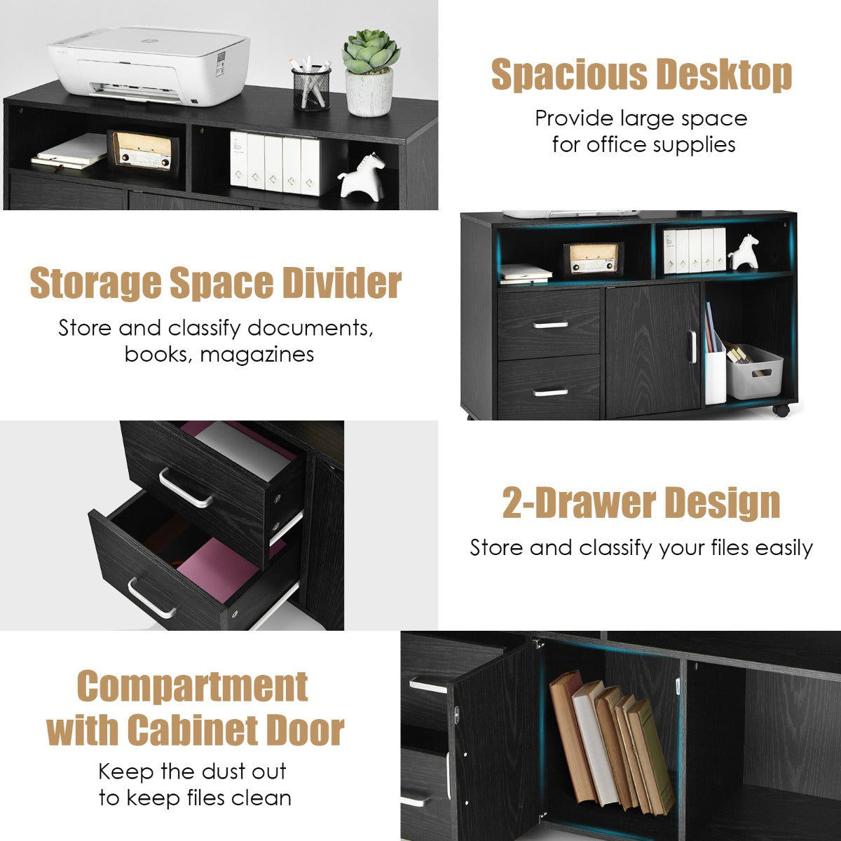 LIVSK Archiefkast met 2 Lades - 3 Open Planken - Mobiel met Wielen - Duurzaam MDF - 100 x 35 x 65,5 cm - Zwart