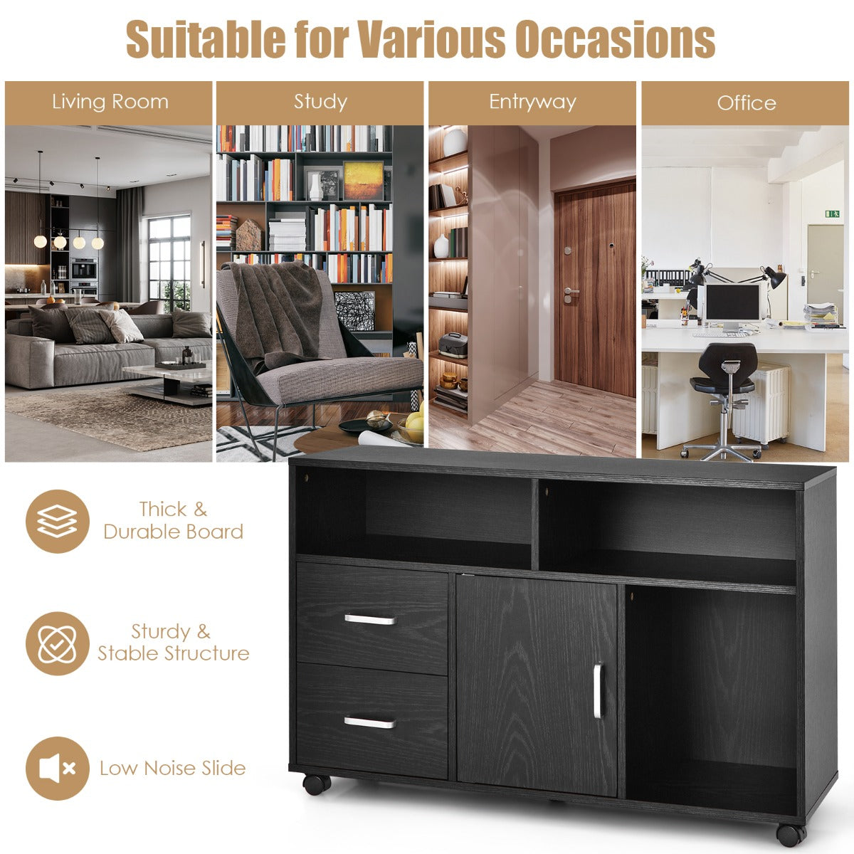 LIVSK Archiefkast met 2 Lades - 3 Open Planken - Mobiel met Wielen - Duurzaam MDF - 100 x 35 x 65,5 cm - Zwart