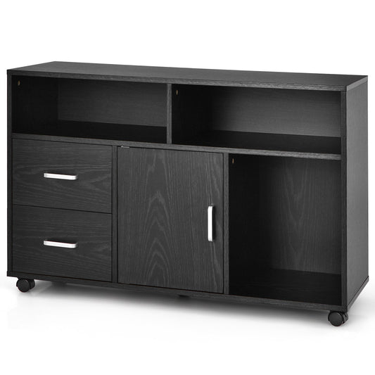LIVSK Archiefkast met 2 Lades - 3 Open Planken - Mobiel met Wielen - Duurzaam MDF - 100 x 35 x 65,5 cm - Zwart