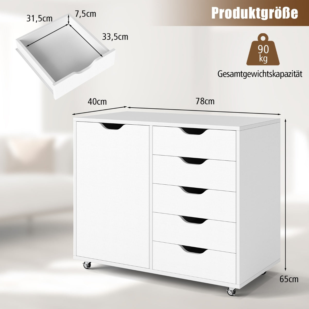 LIVSK Mobiele Printerstandaard en Archiefkast - 5 Lades - Verstelbare Plank - Wielen - Totale Afmeting 78 x 40 x 65 cm - Wit