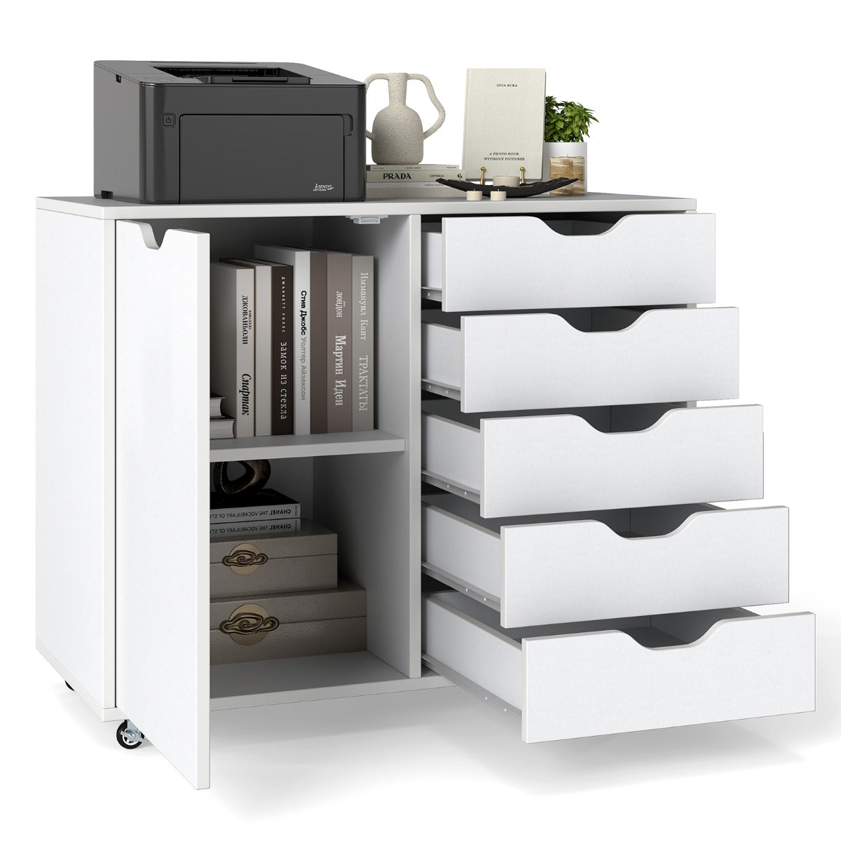LIVSK Mobiele Printerstandaard en Archiefkast - 5 Lades - Verstelbare Plank - Wielen - Totale Afmeting 78 x 40 x 65 cm - Wit
