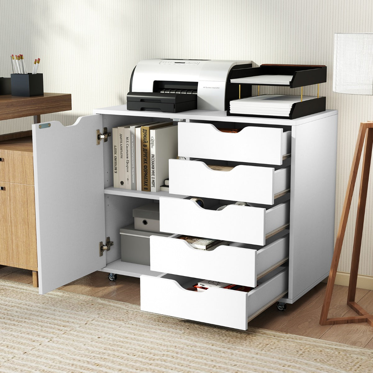 LIVSK Mobiele Printerstandaard en Archiefkast - 5 Lades - Verstelbare Plank - Wielen - Totale Afmeting 78 x 40 x 65 cm - Wit