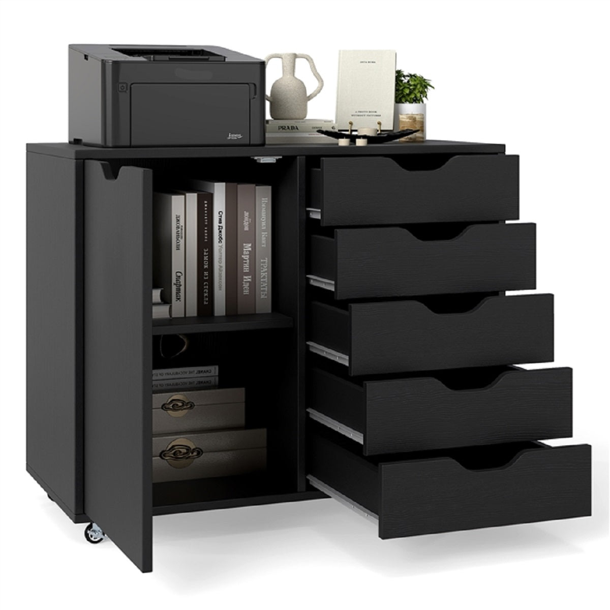 LIVSK Mobiele Archiefkast - 5 Lades - Verstelbare Plank - 5 Wielen - Duurzaam Hout - Thuiswerkplek - Zwart