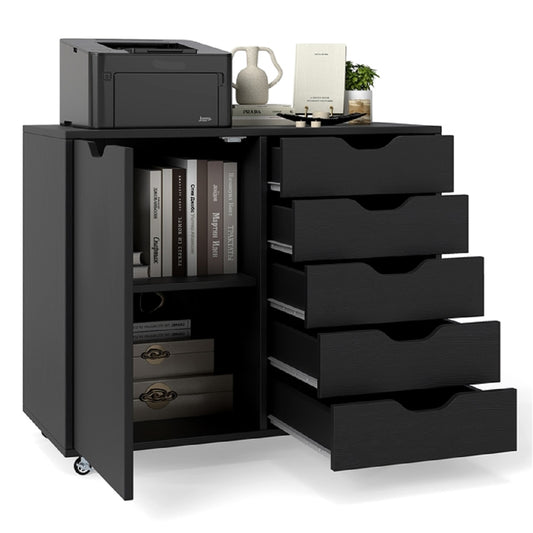 LIVSK Mobiele Archiefkast - 5 Lades - Verstelbare Plank - 5 Wielen - Duurzaam Hout - Thuiswerkplek - Zwart