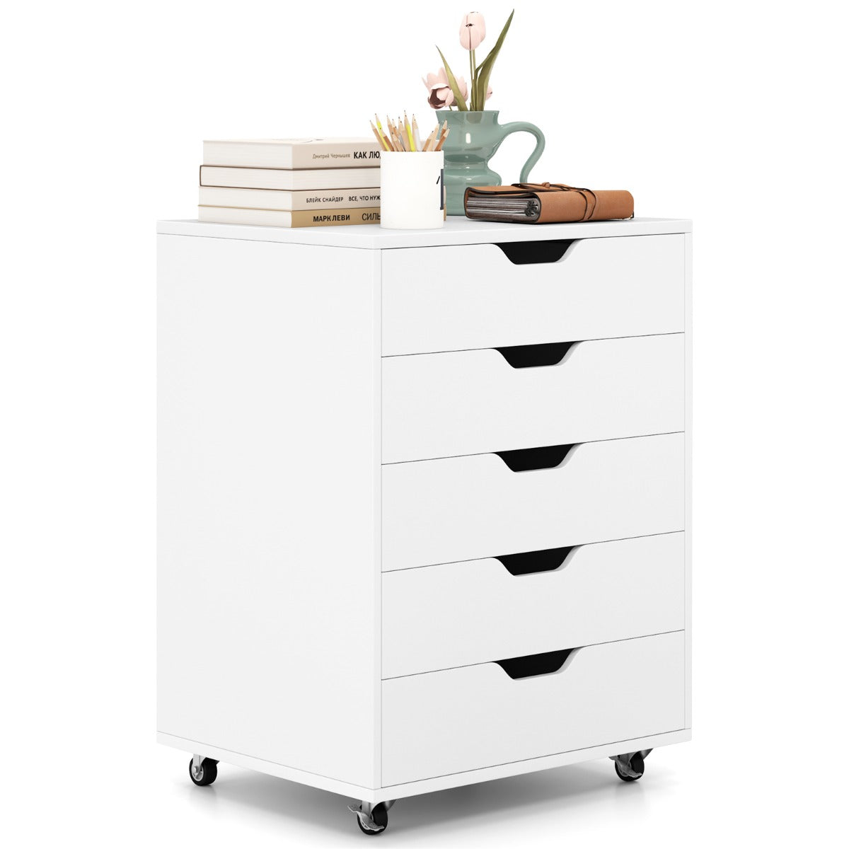 LIVSK Rollcontainer met 5 Lades - Mobiele Archiefkast met Wielen - Stabiele Houten Structuur - Tot 70 kg - Wit