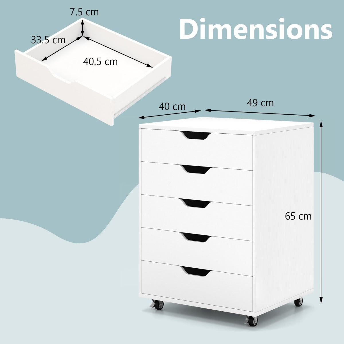 LIVSK Rollcontainer met 5 Lades - Mobiele Archiefkast met Wielen - Stabiele Houten Structuur - Tot 70 kg - Wit
