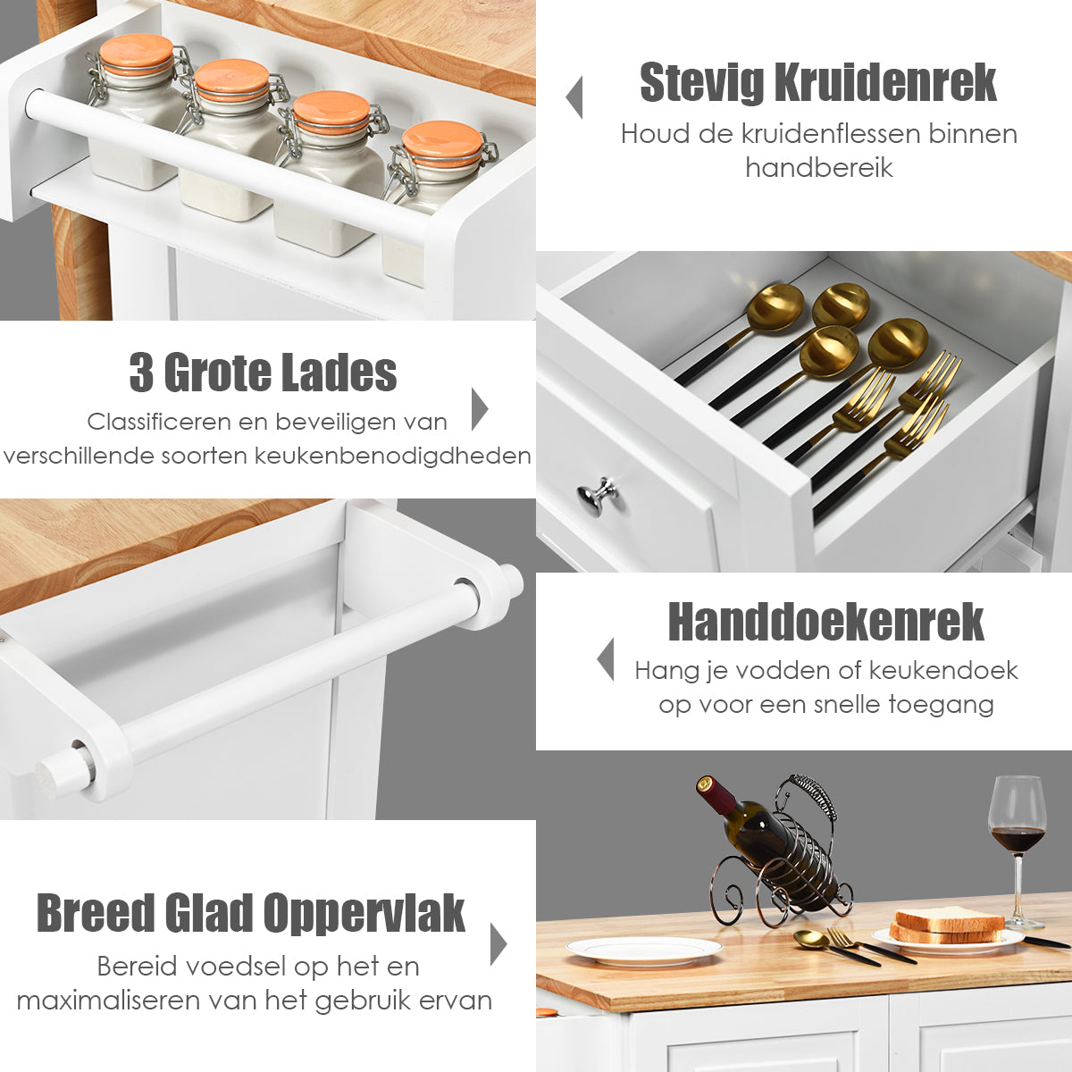 LIVSK Verstelbare Keukentrolley - Opbergkast met 3 Lades en Uitschuifbaar Blad - Wendbare Wielen - 136 x 76 x 91 cm - Wit