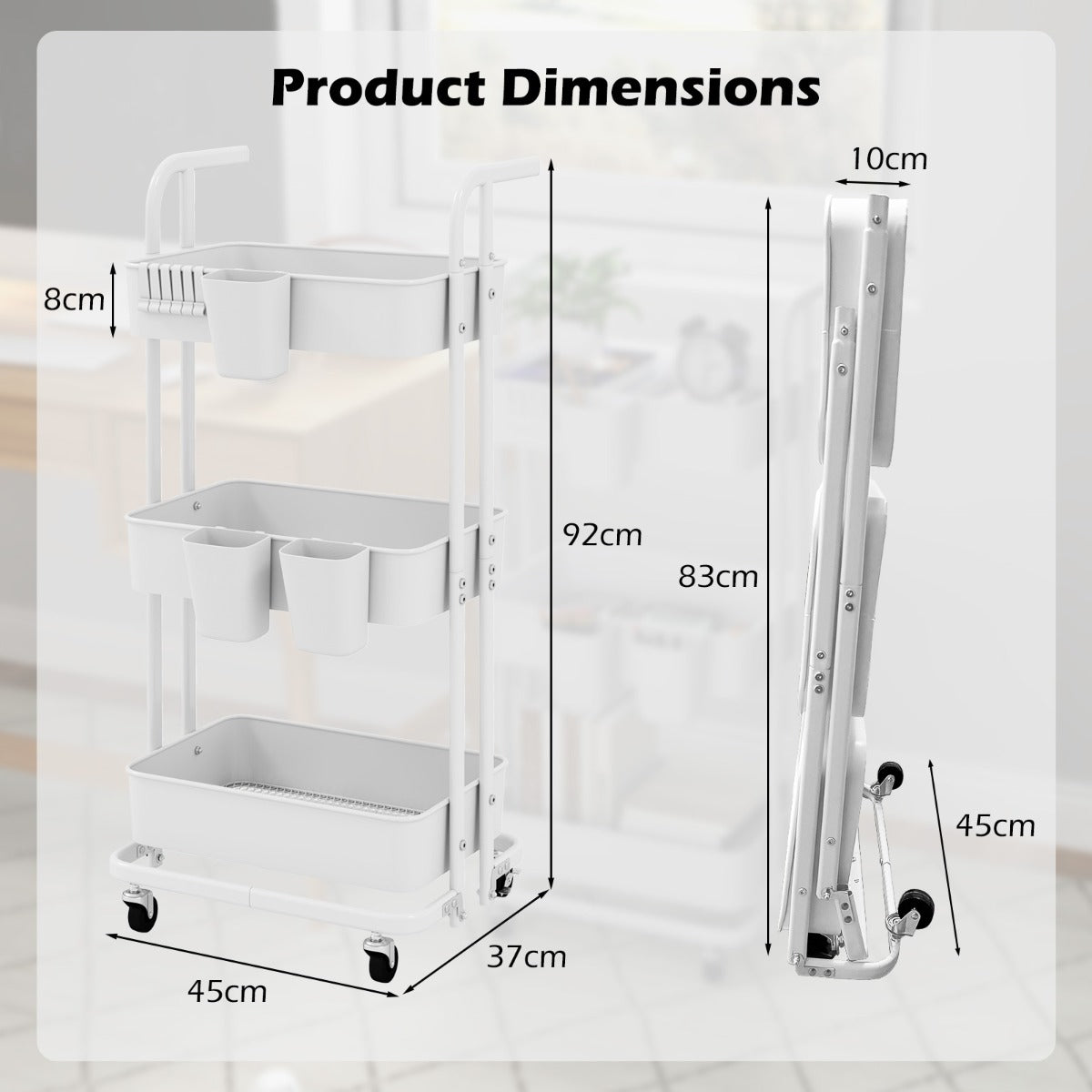 LIVSK Rollende Trolley - Opvouwbaar met 3 Niveaus - 3 Hangbekers - 6 Haken - Vergrendelbare Wielen - Wit