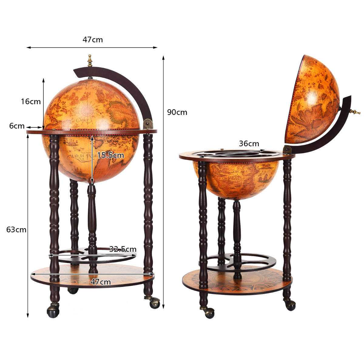 LIVSK wereldbol wijnbar standaard - 2-laags ontwerp - Eucalyptus hout - Draaibare wielen - 47 x 47 x 90 cm - Bruin