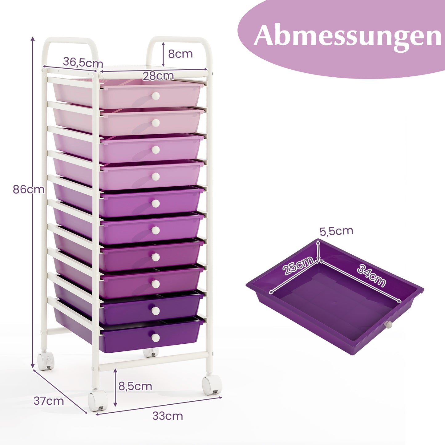 LIVSK Badrolwagen met 10 Lades - Ruimtebesparend - Mobiel met Wendbare Wielen - Onderste Plank - 33 x 37 x 86 cm - Paars