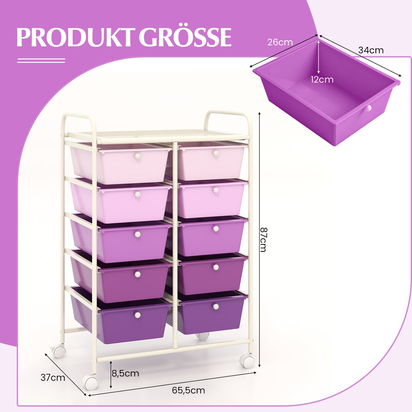LIVSK Rollende Opbergwagen met 10 Lades - Multifunctioneel en Verplaatsbaar - Stevig Metaal - 65,5 x 37 x 87 cm - Paars