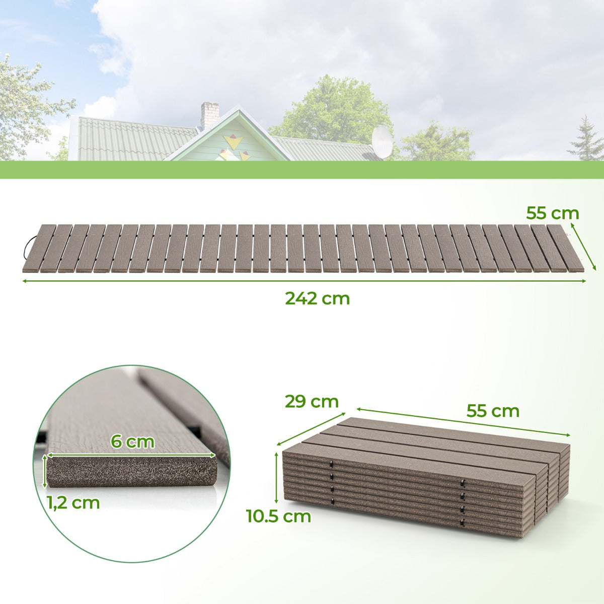 LIVSK Oprolbare Tuinpad van HDPE - Weerbestendig - Antislip - Stevige Verbinding - 242 x 55 x 1,2 cm - Grijs