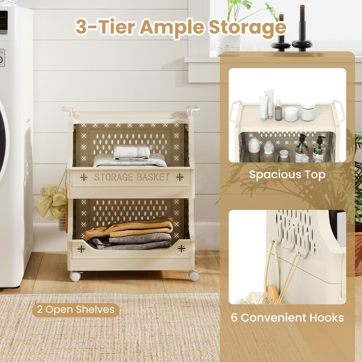 Livsk costway roltrommel met wieltjes stapelbare kunststof opbergkar met handgrepen en haken 3 laags 3