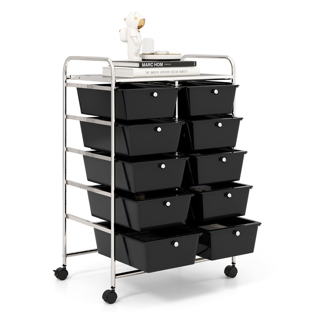 Livsk costway rolwagen met 10 stapelbare lades ladewagen met metalen frame badkamerrolwagen opbergwagen voor kantoor gradient zwart