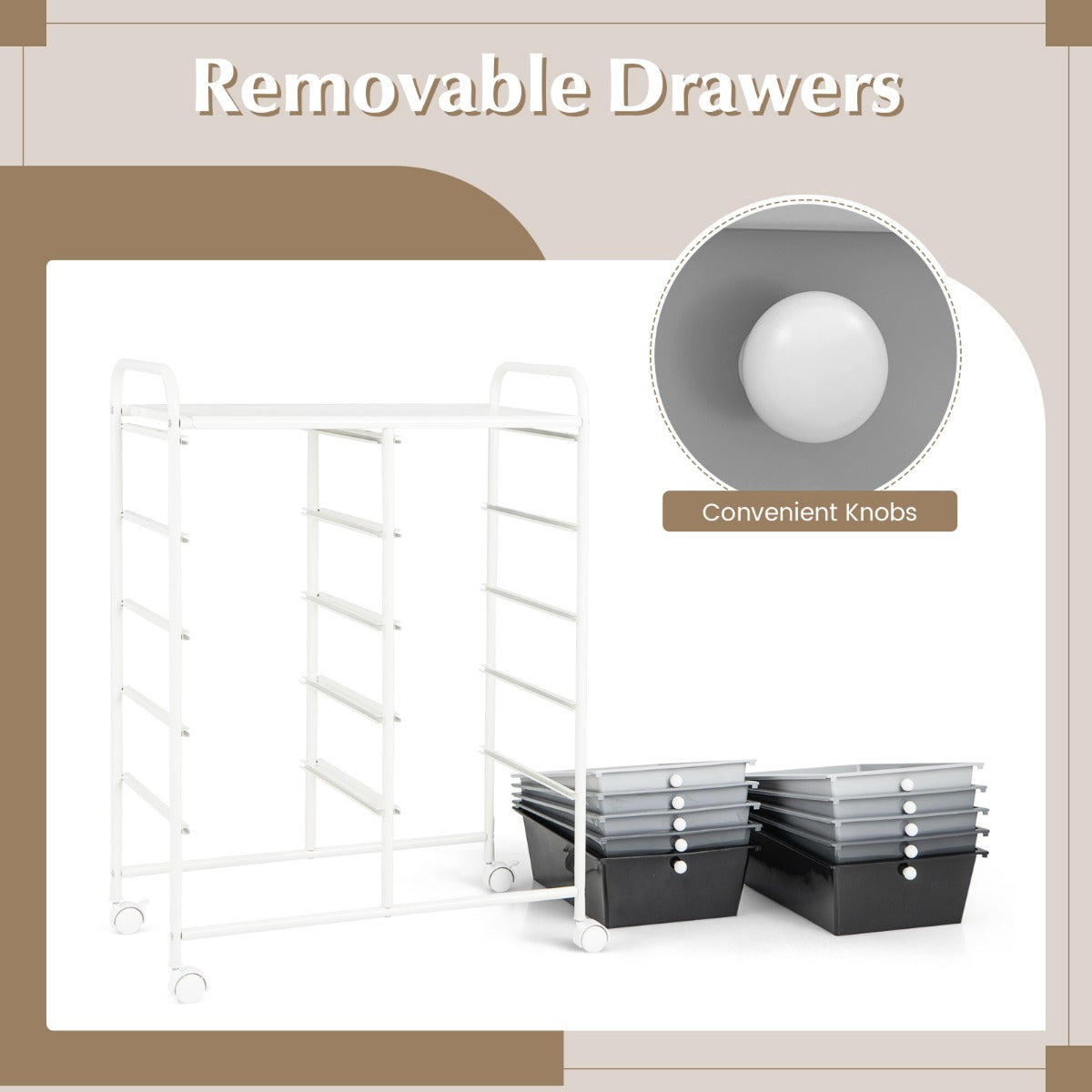 Livsk costway rolwagen met 10 stapelbare lades ladewagen met metalen frame badkamerrolwagen opbergwagen voor kantoor woonkamer overgangskleur