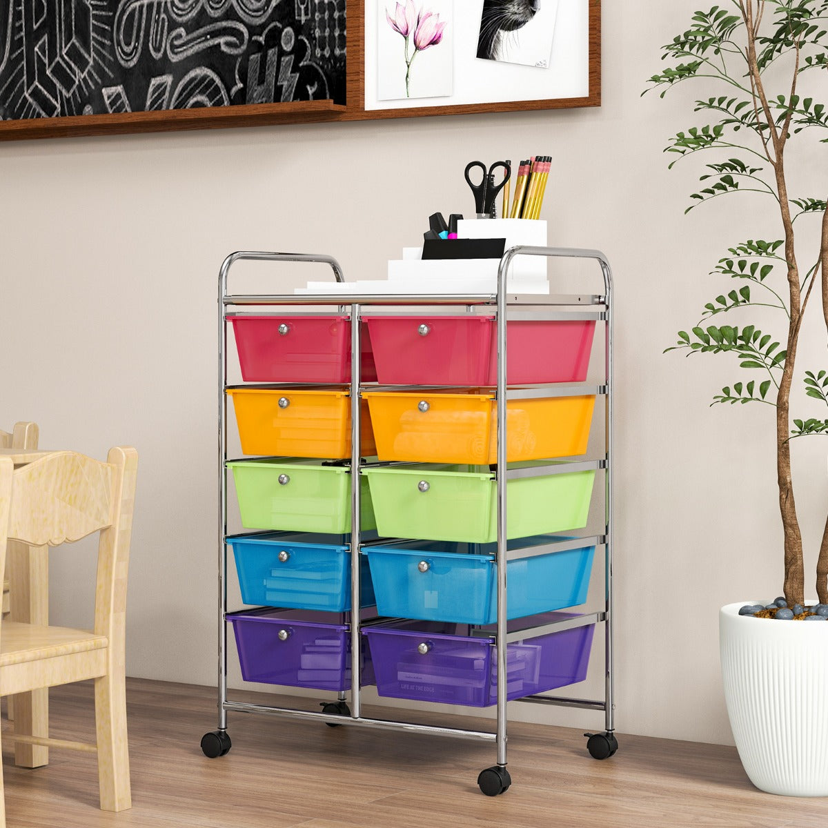 LIVSK Rollende Opbergwagen met 10 Laden - Vergrendelbare Wielen - Stevig Metalen Frame - Multifunctioneel - 65,5 x 37 x 87 cm -