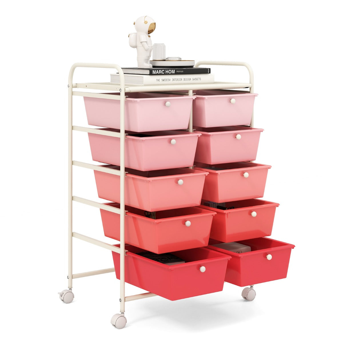 LIVSK Rollende Opbergwagen - 10 Laden - Vergrendelbare Wielen - Robuust Metaal - Multifunctioneel - 65,5 x 37 x 87 cm - Roze
