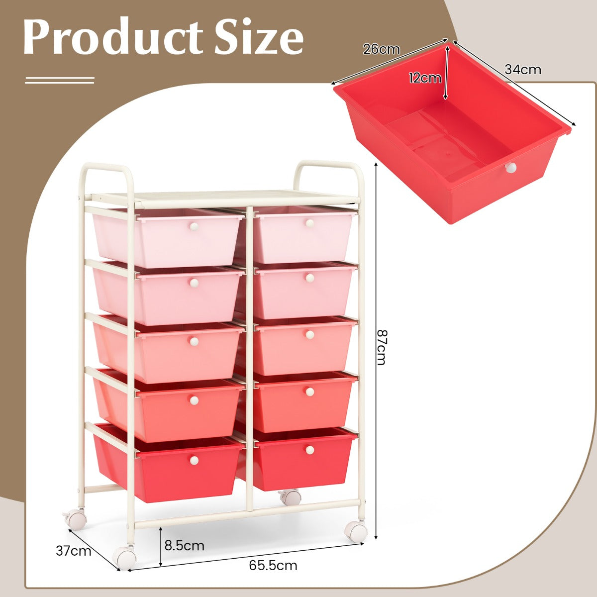LIVSK Rollende Opbergwagen - 10 Laden - Vergrendelbare Wielen - Robuust Metaal - Multifunctioneel - 65,5 x 37 x 87 cm - Roze