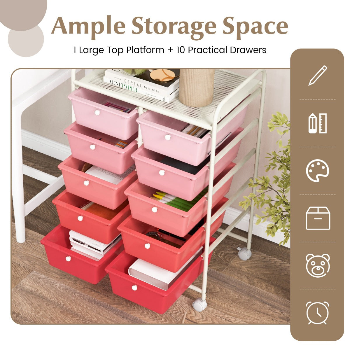 LIVSK Rollende Opbergwagen - 10 Laden - Vergrendelbare Wielen - Robuust Metaal - Multifunctioneel - 65,5 x 37 x 87 cm - Roze