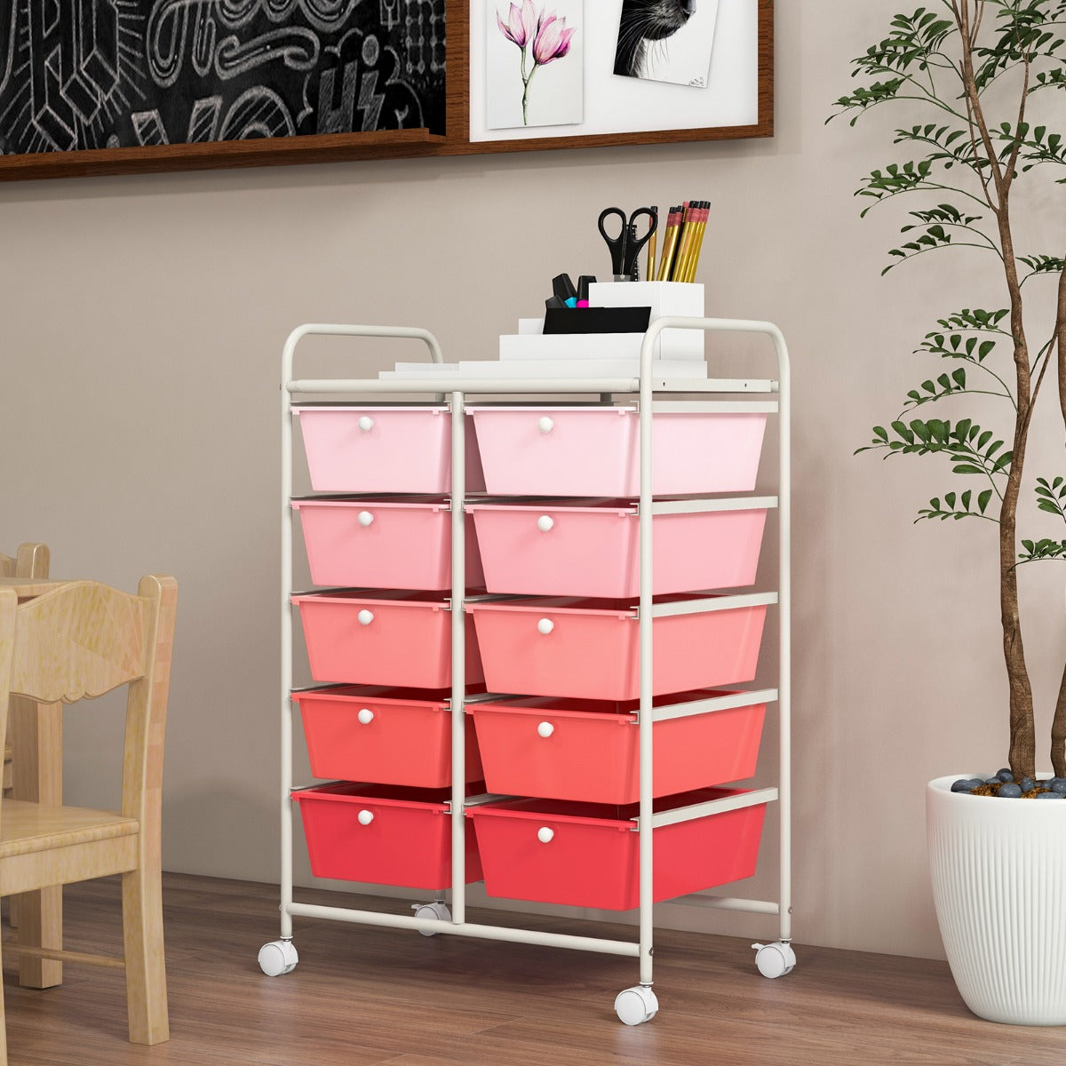 LIVSK Rollende Opbergwagen - 10 Laden - Vergrendelbare Wielen - Robuust Metaal - Multifunctioneel - 65,5 x 37 x 87 cm - Roze
