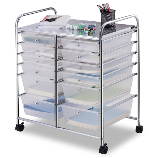 LIVSK Dubbellijnige Organizer met 12 Laden - Transparant - Stevig Stalen Frame - Rollend met Wielen - 63 x 37 x 73,5 cm -
