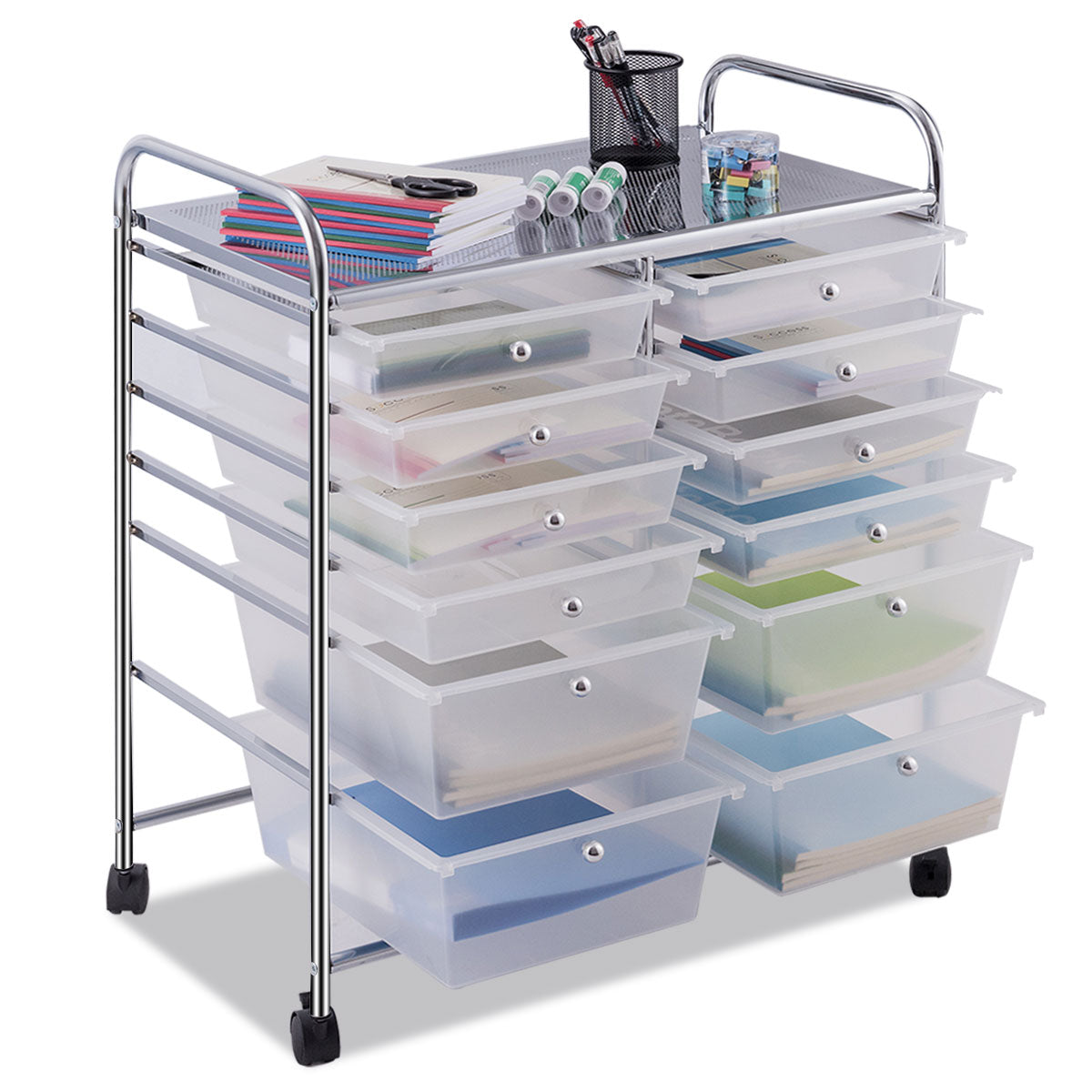 LIVSK Dubbellijnige Organizer met 12 Laden - Transparant - Stevig Stalen Frame - Rollend met Wielen - 63 x 37 x 73,5 cm -