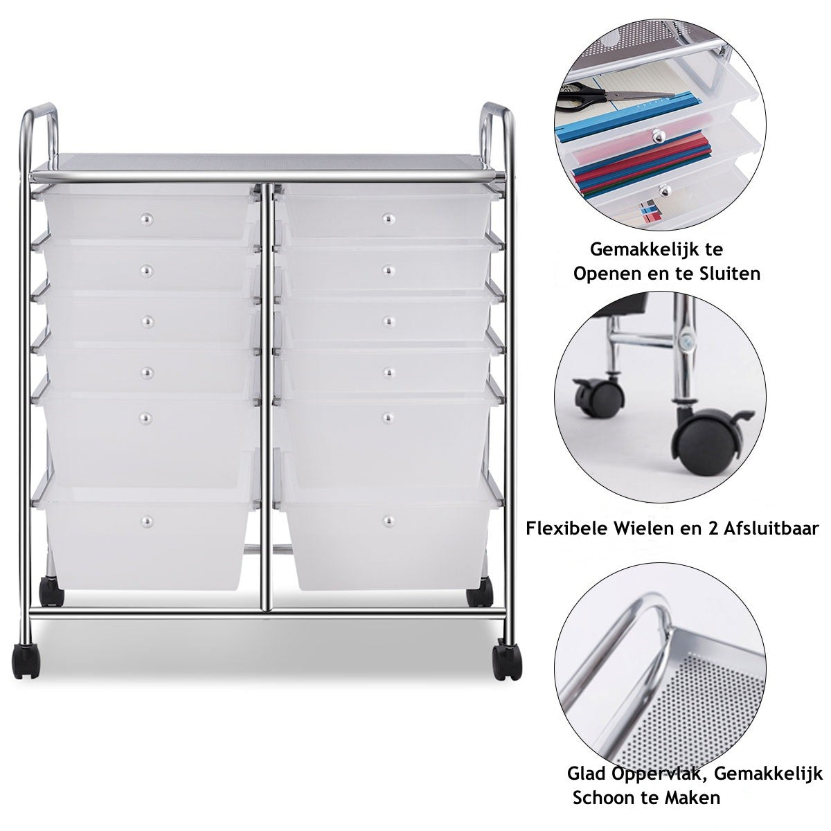 LIVSK Dubbellijnige Organizer met 12 Laden - Transparant - Stevig Stalen Frame - Rollend met Wielen - 63 x 37 x 73,5 cm -