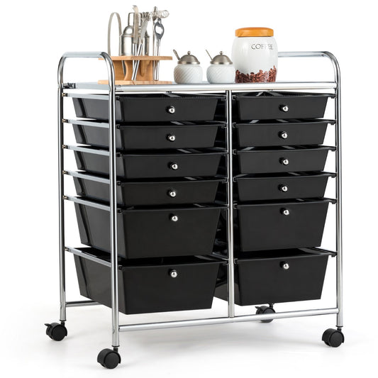 LIVSK dubbellijnige opbergkar met 12 laden - Flexibel en mobiel - Stevig metalen frame - Voor kantoor en thuis - Zwart
