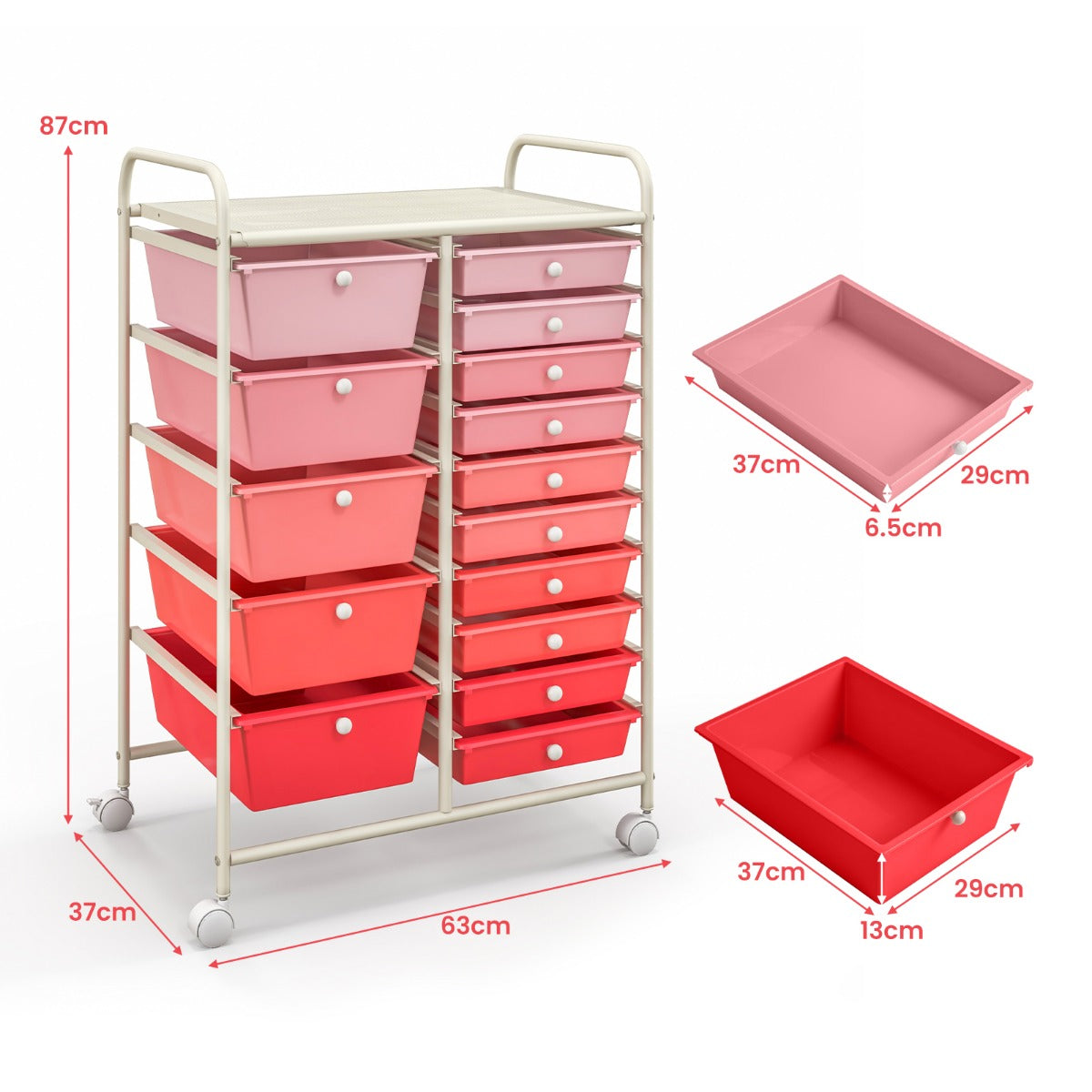 LIVSK Rolcontainer met 15 Laden - Kunststof & IJzer - 360° Draaibare Wielen - Voor Badkamer, Kapsalon of Kantoor - 63 x 37 x 87