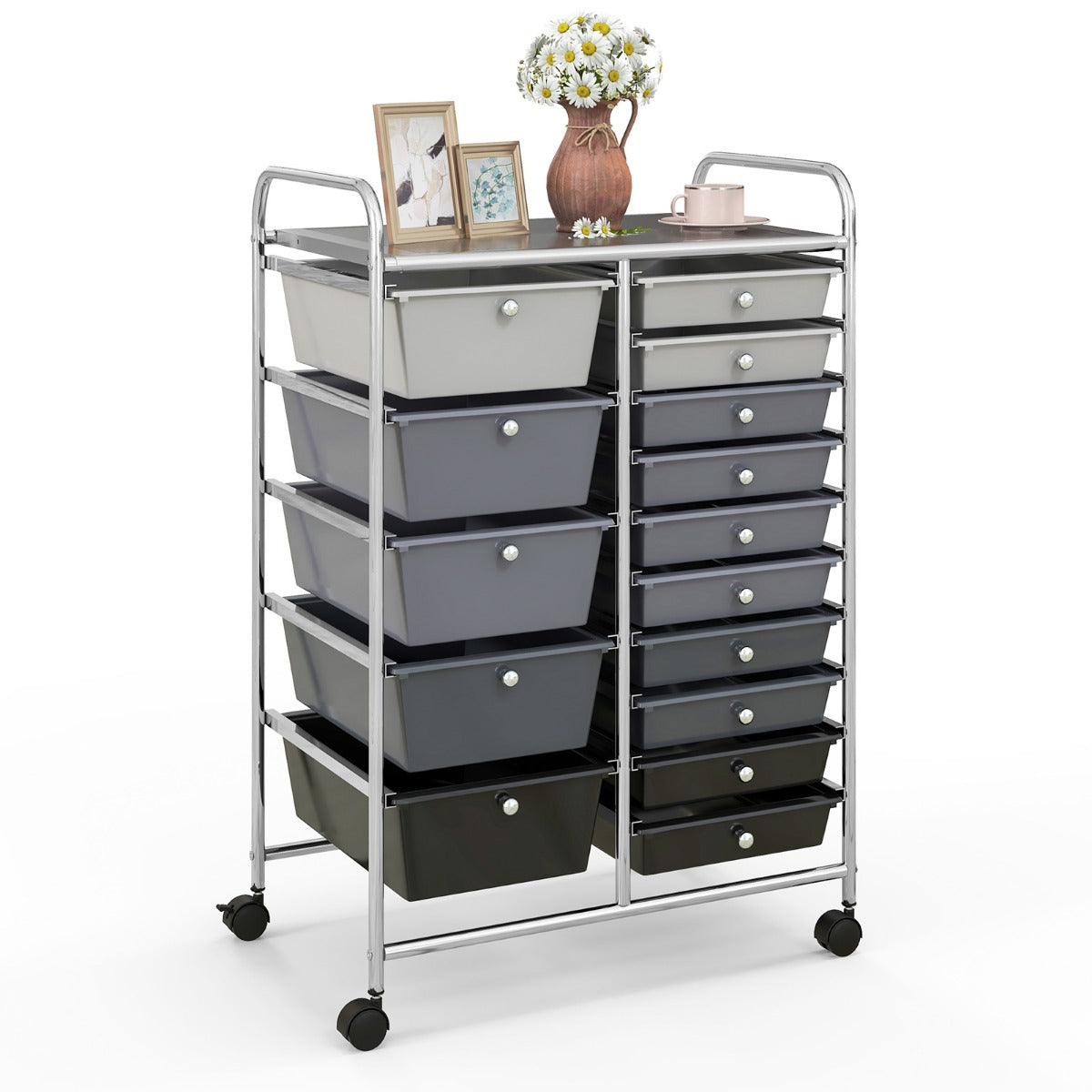 LIVSK Rolcontainer met 15 Laden en Legplank - Duurzaam ijzer en PP - 360° Draaibare Wielen - 63 x 37 x 87 cm - Tijdloos Zwart