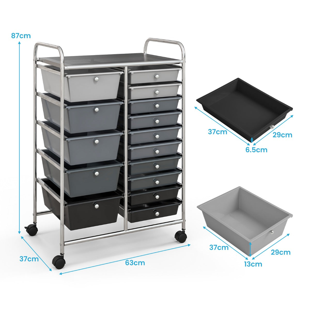 LIVSK Rolcontainer met 15 Laden en Legplank - Duurzaam ijzer en PP - 360° Draaibare Wielen - 63 x 37 x 87 cm - Tijdloos Zwart
